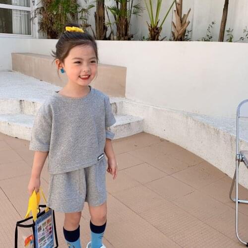 2021 Summer New Arrival Girls Fashion 2 Pieces Suit Top+shorts Kids Clothes Girls Clothing Set Pure Color