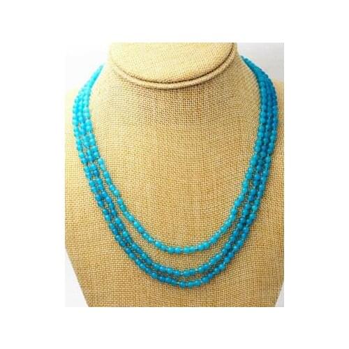 Gifts jewelry 17-19 "3 rows faceted 4mm blue Jade bead necklace