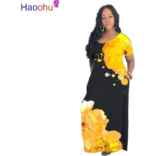 HAOOHU Sexy Pockets Floral Leaf Print Maxi Dress Long Bodycon V-neck Summer Clothes for Women Elegant Night Party Club Dresses