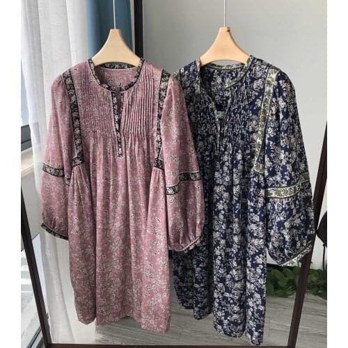 Spring Summer Women Cotton Knee-length Dress Lantern Sleeve Loose Vintage Floral Female Dresses