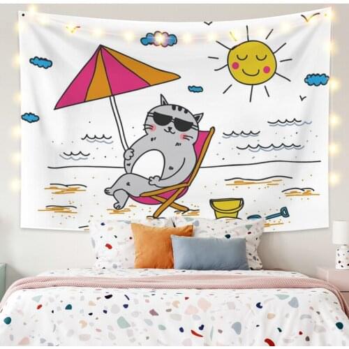 Beach Holiday Cat Tapestry Vintage Exotic Summer Plant Nature Frame for Bedroom Photography Wall Decor