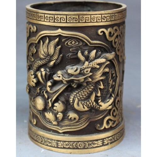 Details about China Bronze FengShui Fly Dragon Brush Pot Barrel Pen container Pencil Vase
