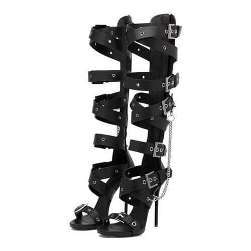 Summer Sexy Ladies Black Metal Buckle Straps Knee High Sandals Boots Stiletto High Heels Metal Chains Women Cut Out Long Boots