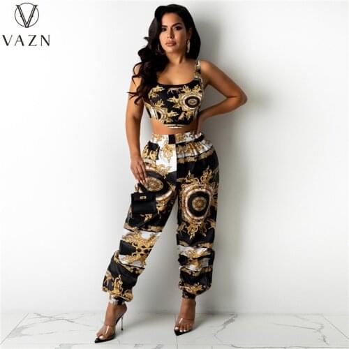 VAZN 2021 New Design Print Elastic Waist Street Style Sexy Sleeveless Loose 2 Piece Set Women Top And Pant Summer