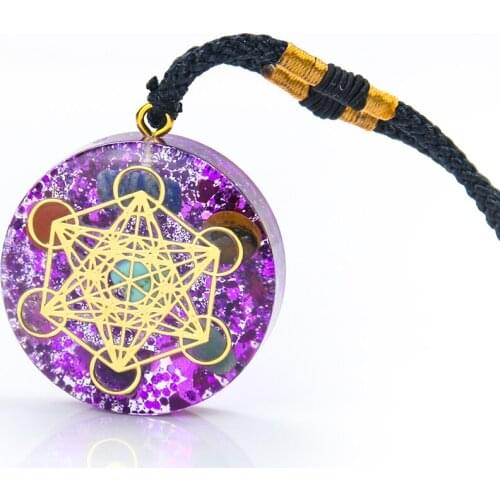 Reiki Healing 7 Chakra Natural Crystal Metatron Cube Necklace Gems Rose Pink Pendant Resin Sweater Chain Yoga Meditation Jewelry
