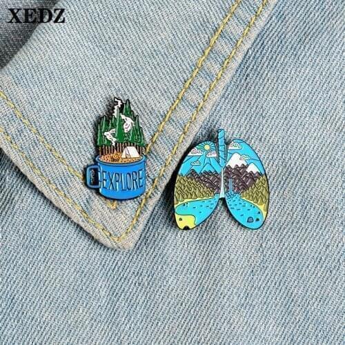 XEDZ wild adventure pin forest camping picnic coffee cup cool landscape starry sky ecological lung enamel clothes lapel brooch