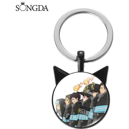 Japan Anime Enn Enn No Shouboutai Fire Force Keychain Art Photo Glass Round Key Chain Jewelry Metal Key Holder Ring Gift Jewelry