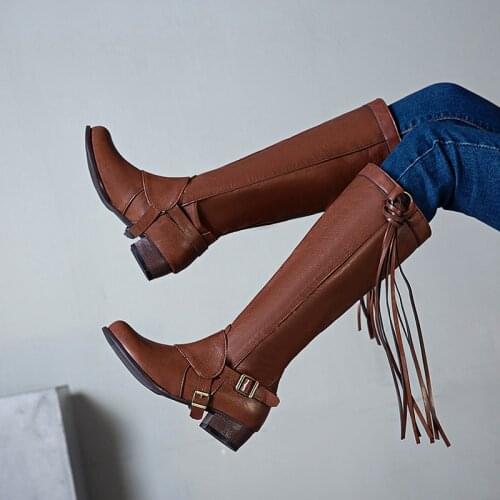 Western Cowoby Tassel Mid-Calf Riding Boots Women Autumn Shoes Girls Buckle Knight Motorcycle Punk Fringe Boots Chunky Heels
