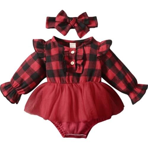 Ma&Baby 0-18M Christmas Baby Girls Rompers Newborn Infant Clothes Red Plaid Ruffle Long Sleeve Jumpsuit Autumn Spring DD43