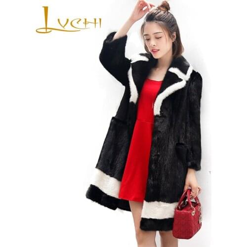 LVCHI Women Winter Real Fur Coat 2019 Striped Mink Coat Female Thick Three Quarter Natural Fur Causal Turn Down Collar Slim Coat