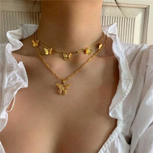 Women Butterfly Gold Color Charm Necklace Boho Pendant Chain Multi Layer Hollow Choker