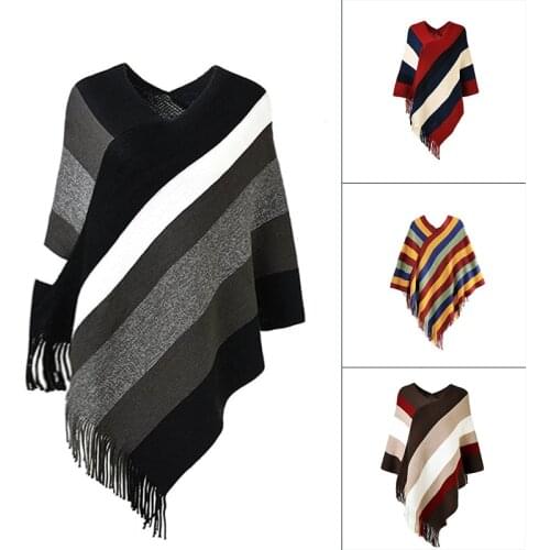 Winter Cloak Women Soft Knitted Stripe Tassel Cardigan Capes Shawl Coat Ponchos Female Ethnic Cape Poncho Cloak Dropship
