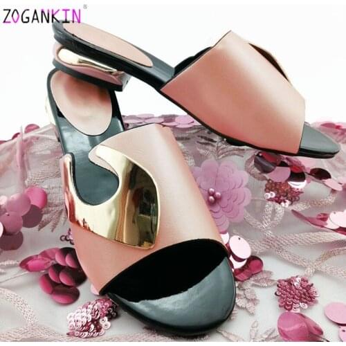 2019 High Quality Pu Italian Style Slipper Nigerian Ladies Comfortable Heels with Matals African Party Shoes in Pink Color