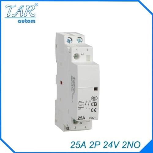 24V Coil 25A 2NO 2 Pole 2P Household AC Contactor Modular 35mm DIN Rail Mount 25Amp