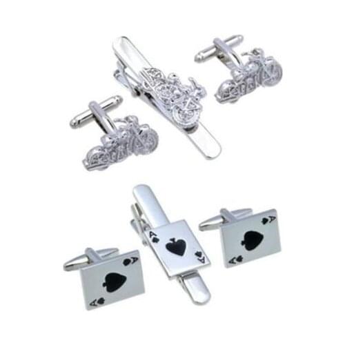 5sets/lot Silver Motorcycle/Playing Card Poker A Cufflinks Tie Clip Set Motor Bike/Card Cuff Links&Tie Pin Bar Set Mens Jewelry