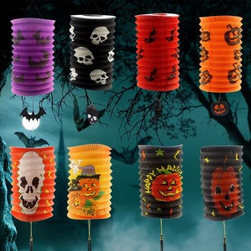 6PCS Halloween Folding Organ Paper Lantern Childrens Portable Paper Pumpkin Bat Skeleton Hanging Lantern Lamp Halloween Decor