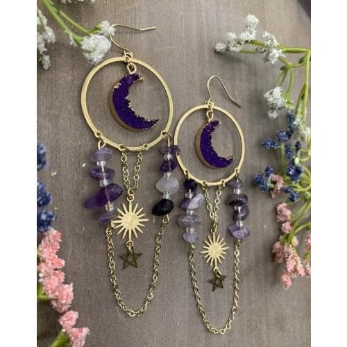 Amethyst Gemstone Purple Druzy Resin Moon/Sun Earrings