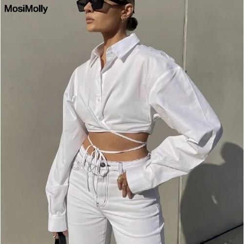MosiMolly Cotton Blouses 2021 Trendy Bandage Blouses Shirt Cropped Bow Blouses Shirt Tops Women Streetwear White Shirt