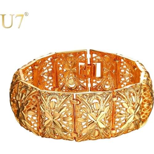 U7 Vintage Big Bracelets Male/Female Silver/Gold Color Flower Wedding Jewelry Wholesale 2017 New Hot Chunky Big Bangles H1003