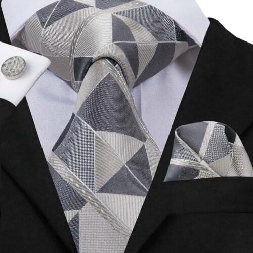 Hi-Tie Mens Necktie 100% Silk Hand Made Gray Plaid Ties Square Pocket Cufflinks Set Gravatas Suit Formal Business Party C-3071