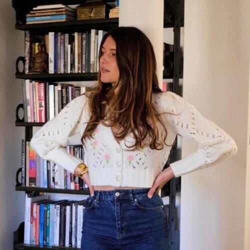 Ardm Fashion Jacquard Deep V White Cardigan Women Sweater Vintage Button-Up Female Casual Outerwear Tops Winter Clothes Women