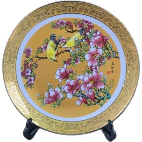 Chinese Old Porcelain Pink Flower And Bird Pattern Gold Edge Plate