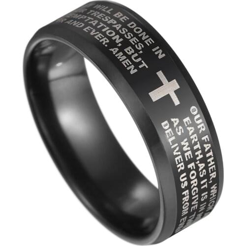 AsJerlya Black Titanium Steel English Letter Lords Prayer Ring Serenity Mens Bible Cross Rings For Women Jesus Jewelry