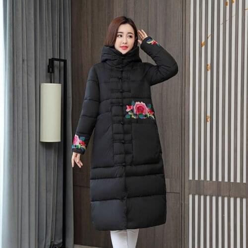 Single Breasted Thick Parkas Female Chinese Style X-Long Jacket Women Floral Print Loose Womens Winter Coat Hooded Stand Collar