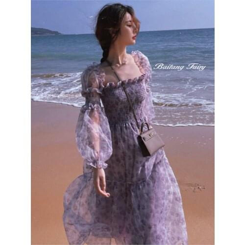Summer Floral Dress Women Elegant Floral Print Sweet Elastic Chest Dress Female Puff Sleeve French Party Midi Korean Dress