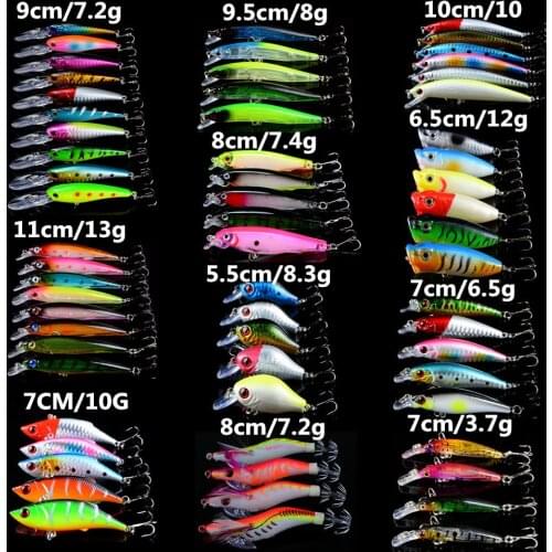 LINGYUE 63pcs/lot Hard Baits Set Mixed Minnow/Popper/VIB/Crank lure and sleeve-fish Fishing Tackle 63 Colors Fishing Wobblers