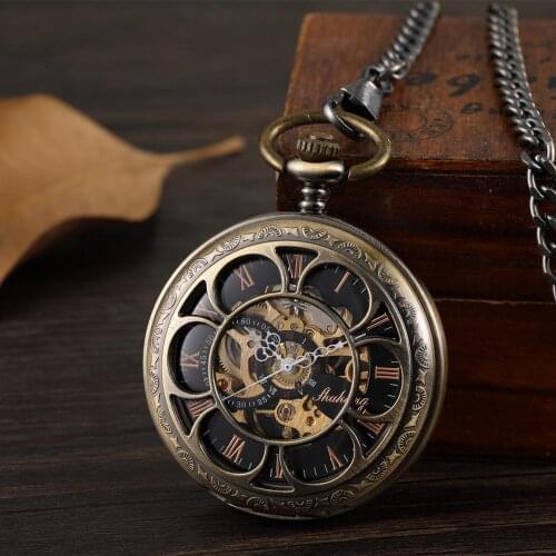 Retro Bronze Hollow Setampunk Mechanical Pocket Watches Vintage Double-sided Skeleton Roman Dial Mens Pocket Watch FOB Chain New
