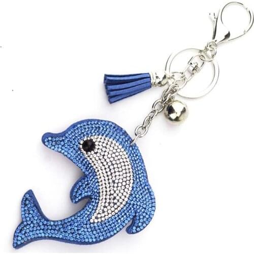 Cute Dolphin Keychain Rhinestone Crystal Keyring Car Bag Leather Tassel Pendants Key Chain Key Holder Ring Jewelry Gifts