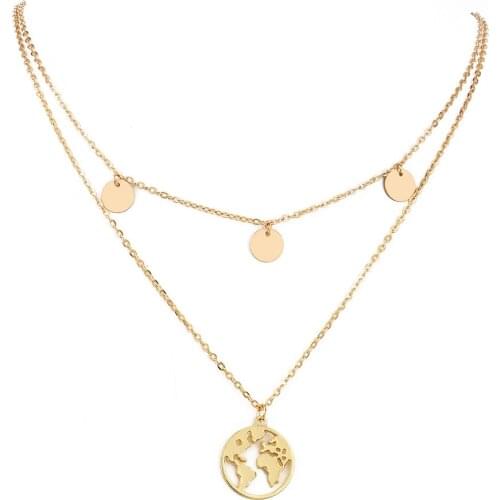 Hot Selling Round Hollow Multi Double Layers World Map Necklace Fashion Outdoor Travel Lover Earth Day Gift personality Jewelry