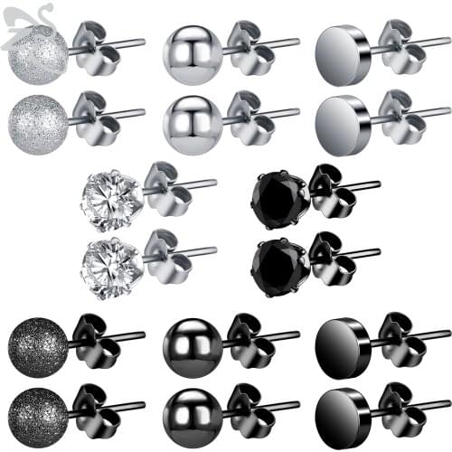 ZS 8 Pairs/lot 6MM Round CZ Crystal Earring Set 20g Stainless Steel Stud Earrings Silver&Black Color Ball Helix Conch Piercings