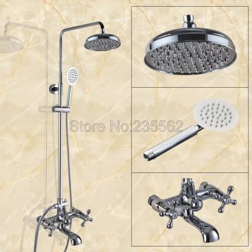 Wall Mounted Polished Chrome Brass Rainfall Bathroom Rain Shower Faucet Set Dual Handle Tub Mixer Tap + Hand Shower Spray lcy327