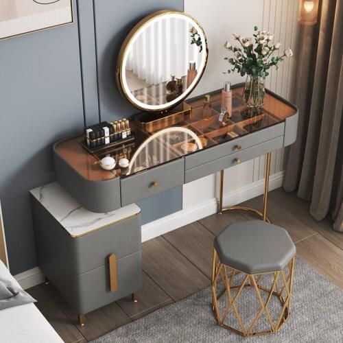 Brown Glass Dressing Table Light Luxury Advanced Modern Minimalist Bedroom Furniture Makeup Table Storage Cabinet Mirror Vanity