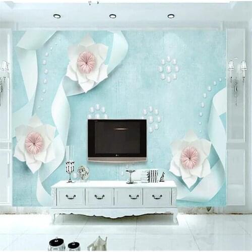 Light blue 3d flower ribbon TV background wall professional production mural wholesale wallpaper mural poster photo wall