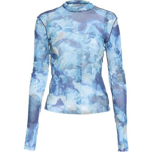 Women Blue Pattern Printed High Elastic Autumn Thin Printting Blue Pullover Sweet T-shirt Female Top X372