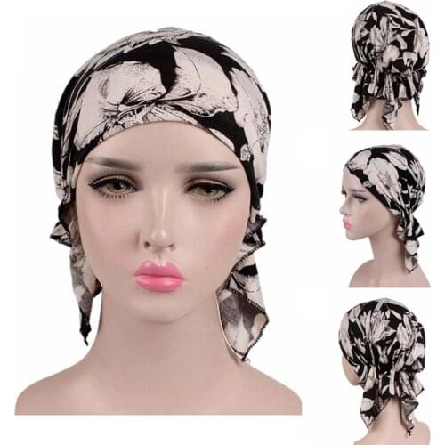 Womens Muslim Hijab Cancer Chemo Flower Print Hat Turban Cap Cover Hair Loss Head Scarf Wrap Pre-Tied Headwear Strech Bandana