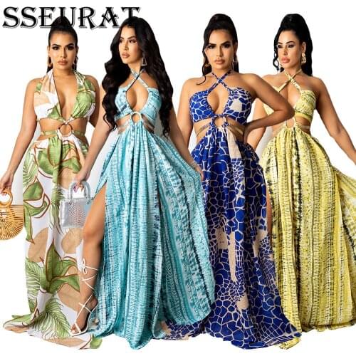 SSEURAT Women Long Dress Print Sleeveless Halter Bandage Hollow Out Splited Maxi Dresses Sexy Night Party Vestidos Summer Outf