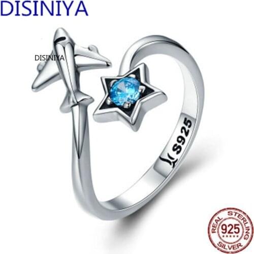 Authentic 925 Sterling Silver Traval Plane Blue CZ Star Open Finger Ring for Women Stylish S925 Luxury Jewelry Gift BKR322