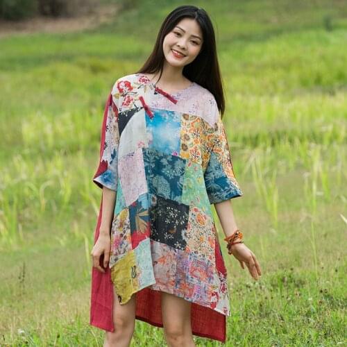 Women Patchwork Irregular Length Cotton Linen Dress Ladies Vintage Plus Size Dress Female Spliced Dresses 2020 Summer