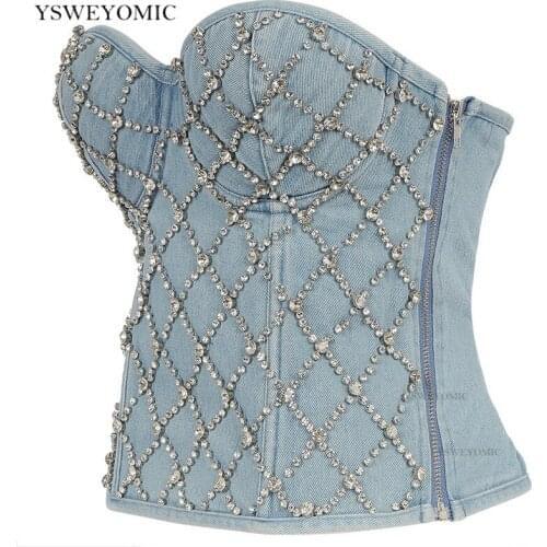 2021 New Style Women Denim Tube Top Rhinestones Beaded Strapless Vest Lace up Zipper Bustier Bra Night Club Party Tank Top