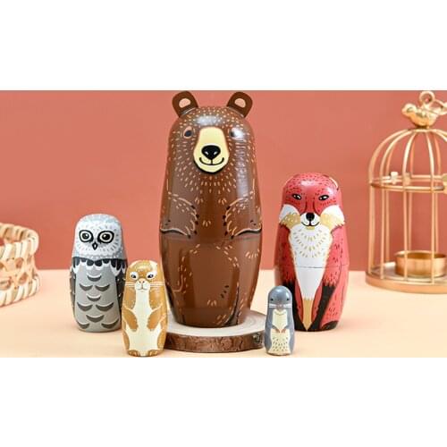 5Pcs/Set Cute Bear Fox Animal Wooden Russian Decoration Art Crafts Matryoshka Dolls Nesting Kids Toy gift for children