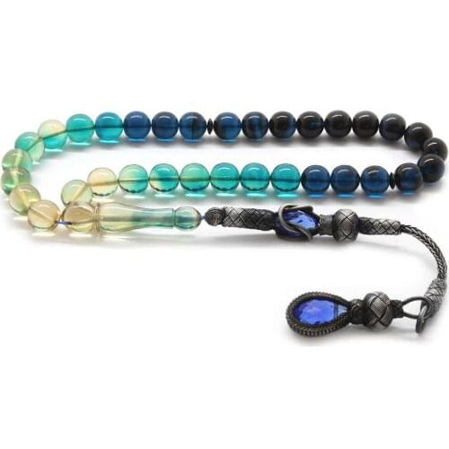 Tesbihane 1000 Sterling Silver Kazaz Tassels Sphere Cut Cottage Blue Fire Amber Prayer Beads