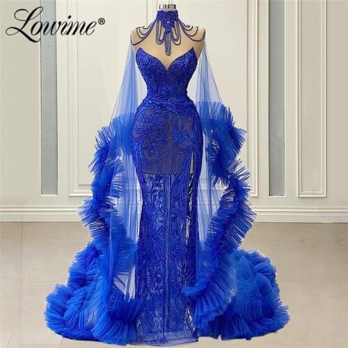 Illusion Royal Blue Beading Couture Dresses Woman Party Night Dubai Robe De Soiree 2020 Abendkleider Arabic Evening Gowns Prom