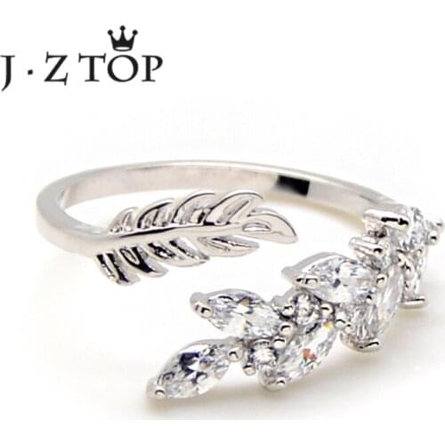 JZTOP Lady Silver Color Leaf Crystal Finger Rings Luxury Zircon Open Adjustable Wedding Ring For Woman Bohemia Jewelry Anillos