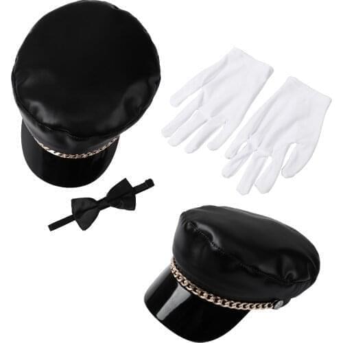 Leather Chauffeur Hat Limo Driver Flat Top Cap with Gloves Women Mens Halloween Cosplay Military Berets Flat Army Cap Salior Hat