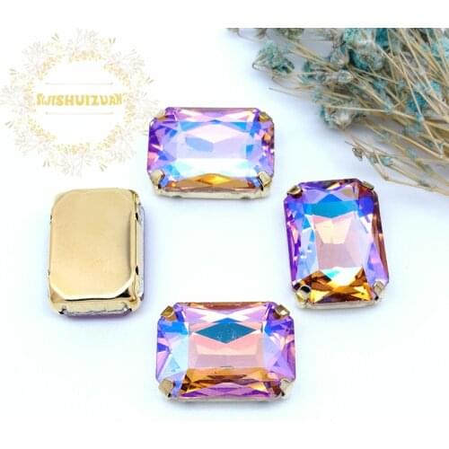 Water red AB Rectangle Glass Crystal sew on rhinestones with FOUR gold claw Diy wedding dress accessories Free shipping