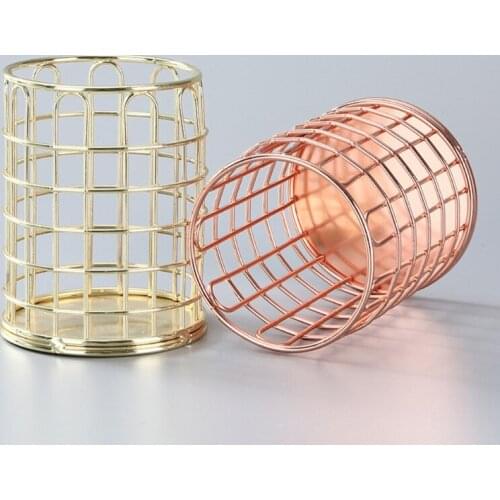 T8DB Rose Gold Metal Pencil Holders Metal Hollow Makeup Brush Organizer Steel Mesh Creative Multi-function Pen Cup Organizer